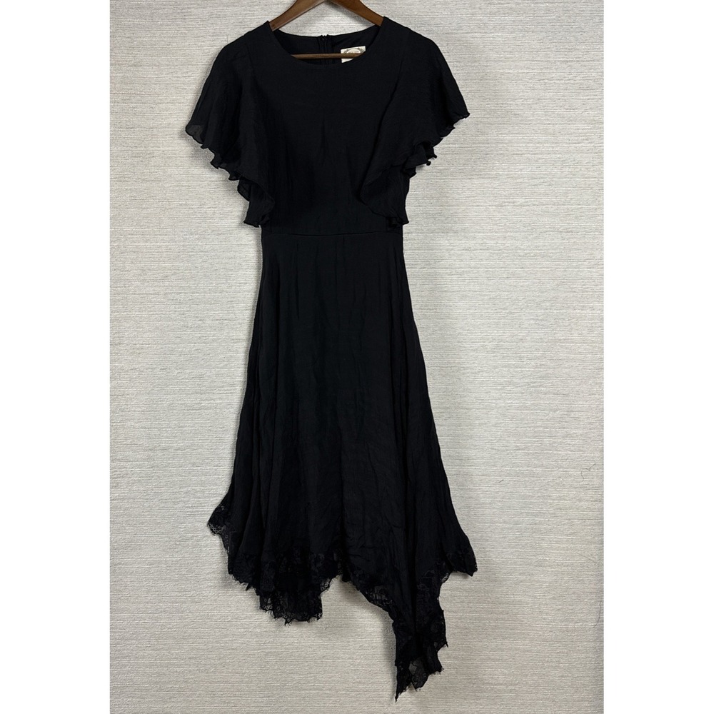 Mia Joy Black Midi Dress XS Flutter Sleeve Handkerchief Hem Lace Trim Boho Midi